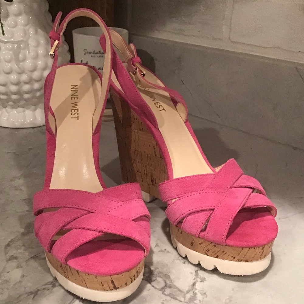 Nine West Pink Suede Cork Platform Sandals